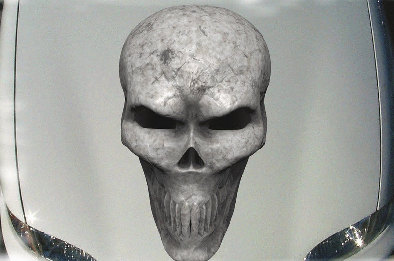 gray skull vinyl graphics on car hood
